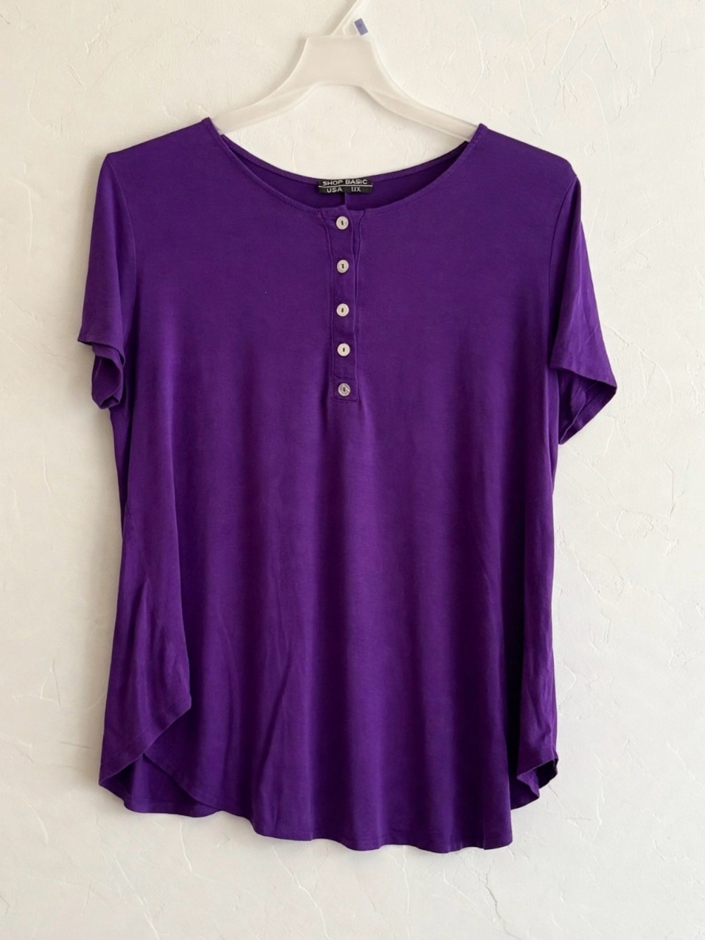 Purple Short-Sleeve Henley Tee with Button Front
